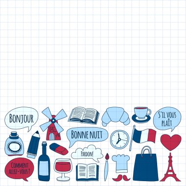 Online Fransızca kursları Dil Okulu vektör doodle simgeler kümesi