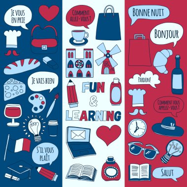 Online Fransızca kursları Dil Okulu vektör doodle simgeler kümesi