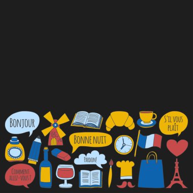 Online Fransızca kursları Dil Okulu vektör doodle simgeler kümesi