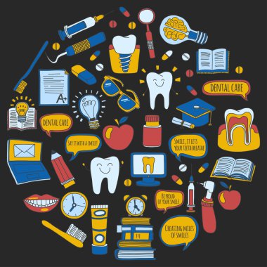 Diş Hekimliği vektör doodle simgeler çocuk diş bakımı kümesi
