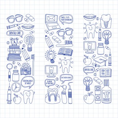 Diş Hekimliği vektör doodle simgeler çocuk diş bakımı kümesi