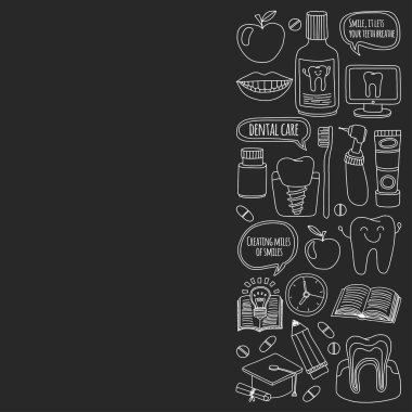 Diş Hekimliği vektör doodle simgeler çocuk diş bakımı kümesi