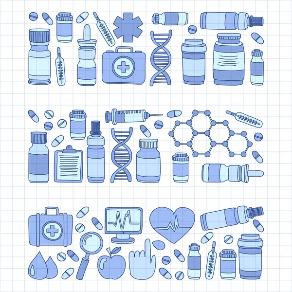 Farmacie a medicína doodle vektorové obrázky — Stockový vektor