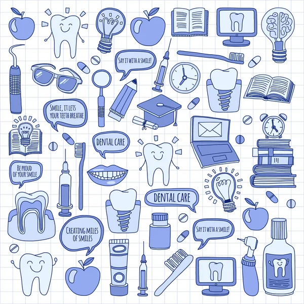 Odontología Vector doodle conjunto de iconos Cuidado dental infantil — Vector de stock