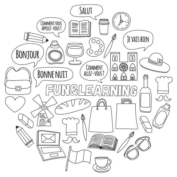 Cursos de francés en línea Language school Vector set of doodle icons — Vector de stock