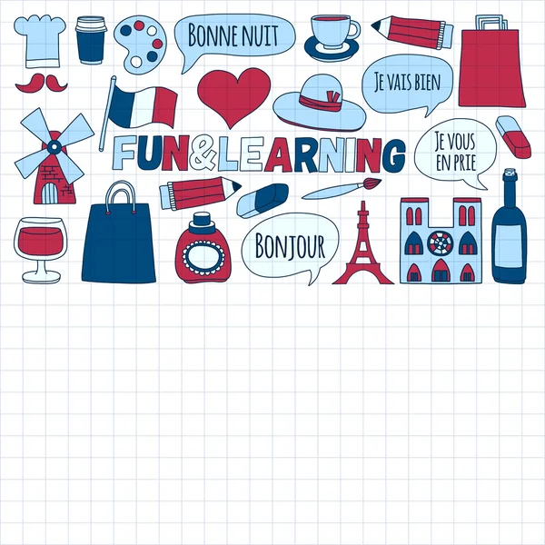 Cursos de francés en línea Language school Vector set of doodle icons — Vector de stock