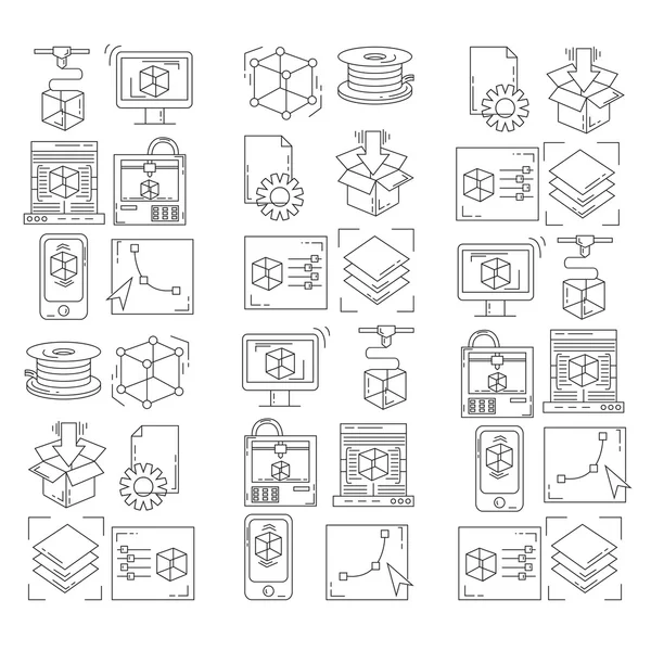 Vector doodle iconos 3d impresión — Archivo Imágenes Vectoriales