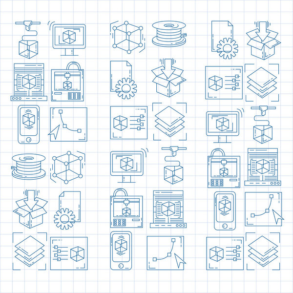 Vector doodle icons 3d printing