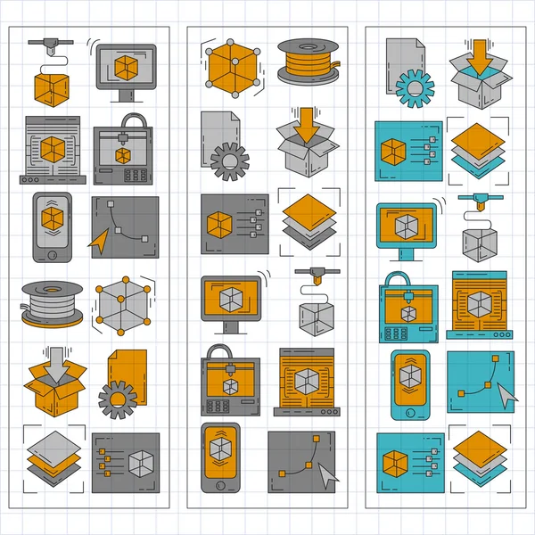 Ícones de doodle vetorial impressão 3d — Vetor de Stock