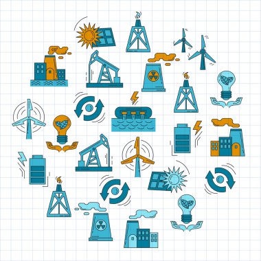 Enerji ekoloji ve kirliliği vektör simge kümesi