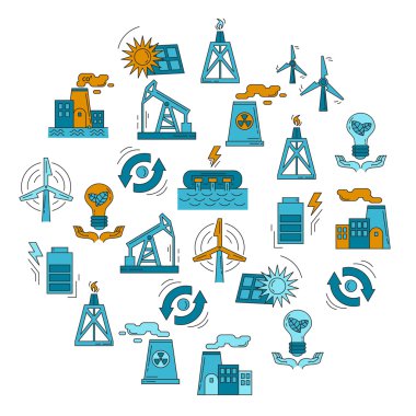Enerji ekoloji ve kirliliği vektör simge kümesi