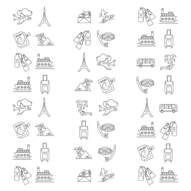 Seyahat simgeler doğrusal tasarım vektör kümesi