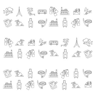Seyahat simgeler doğrusal tasarım vektör kümesi