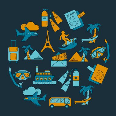 Seyahat simgeler doğrusal tasarım vektör kümesi