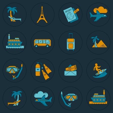 Seyahat simgeler doğrusal tasarım vektör kümesi