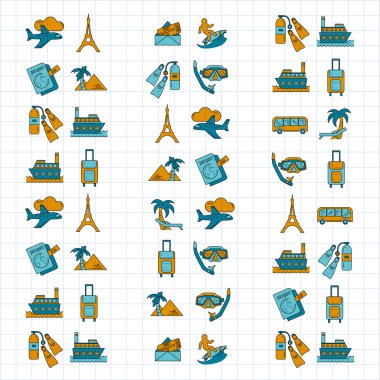 Seyahat simgeler doğrusal tasarım vektör kümesi