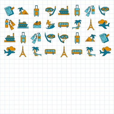 Seyahat simgeler doğrusal tasarım vektör kümesi