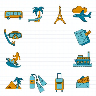 Seyahat simgeler doğrusal tasarım vektör kümesi