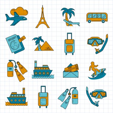Seyahat simgeler doğrusal tasarım vektör kümesi