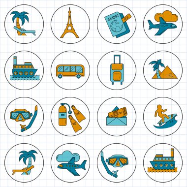 Seyahat simgeler doğrusal tasarım vektör kümesi
