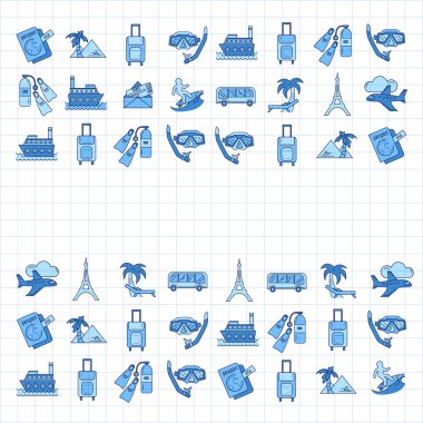 Seyahat simgeler doğrusal tasarım vektör kümesi