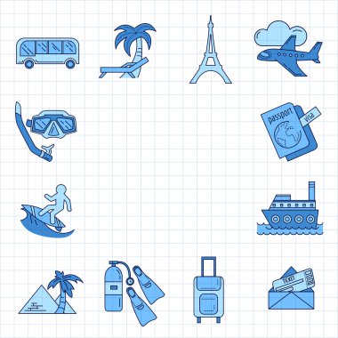 Seyahat simgeler doğrusal tasarım vektör kümesi