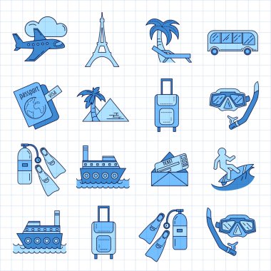 Seyahat simgeler doğrusal tasarım vektör kümesi