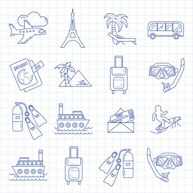 Seyahat simgeler doğrusal tasarım vektör kümesi