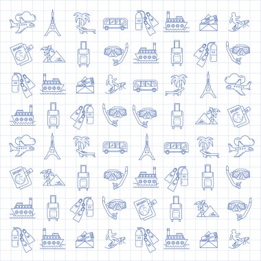 Seyahat simgeler doğrusal tasarım vektör kümesi