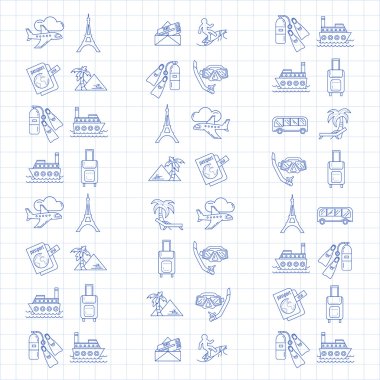 Seyahat simgeler doğrusal tasarım vektör kümesi