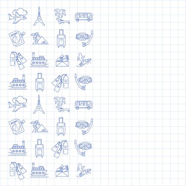 Seyahat simgeler doğrusal tasarım vektör kümesi
