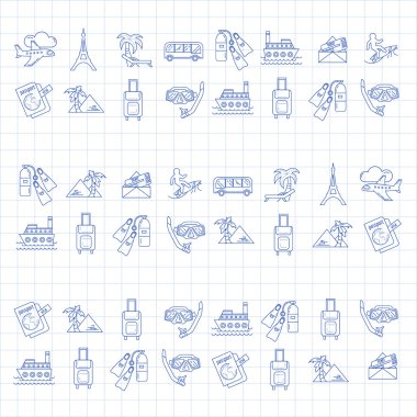 Seyahat simgeler doğrusal tasarım vektör kümesi