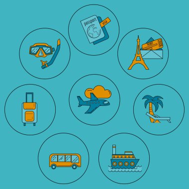 Seyahat simgeler doğrusal tasarım vektör kümesi