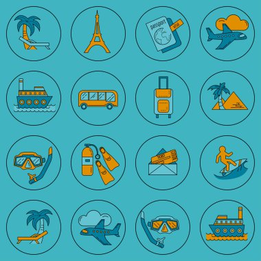 Seyahat simgeler doğrusal tasarım vektör kümesi