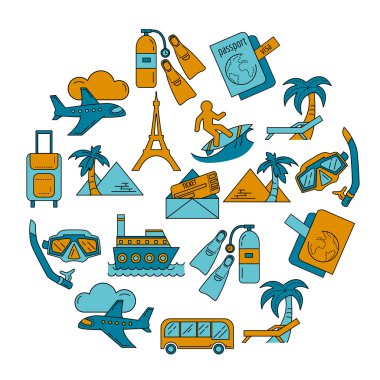 Seyahat simgeler doğrusal tasarım vektör kümesi