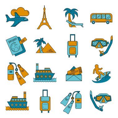 Seyahat simgeler doğrusal tasarım vektör kümesi