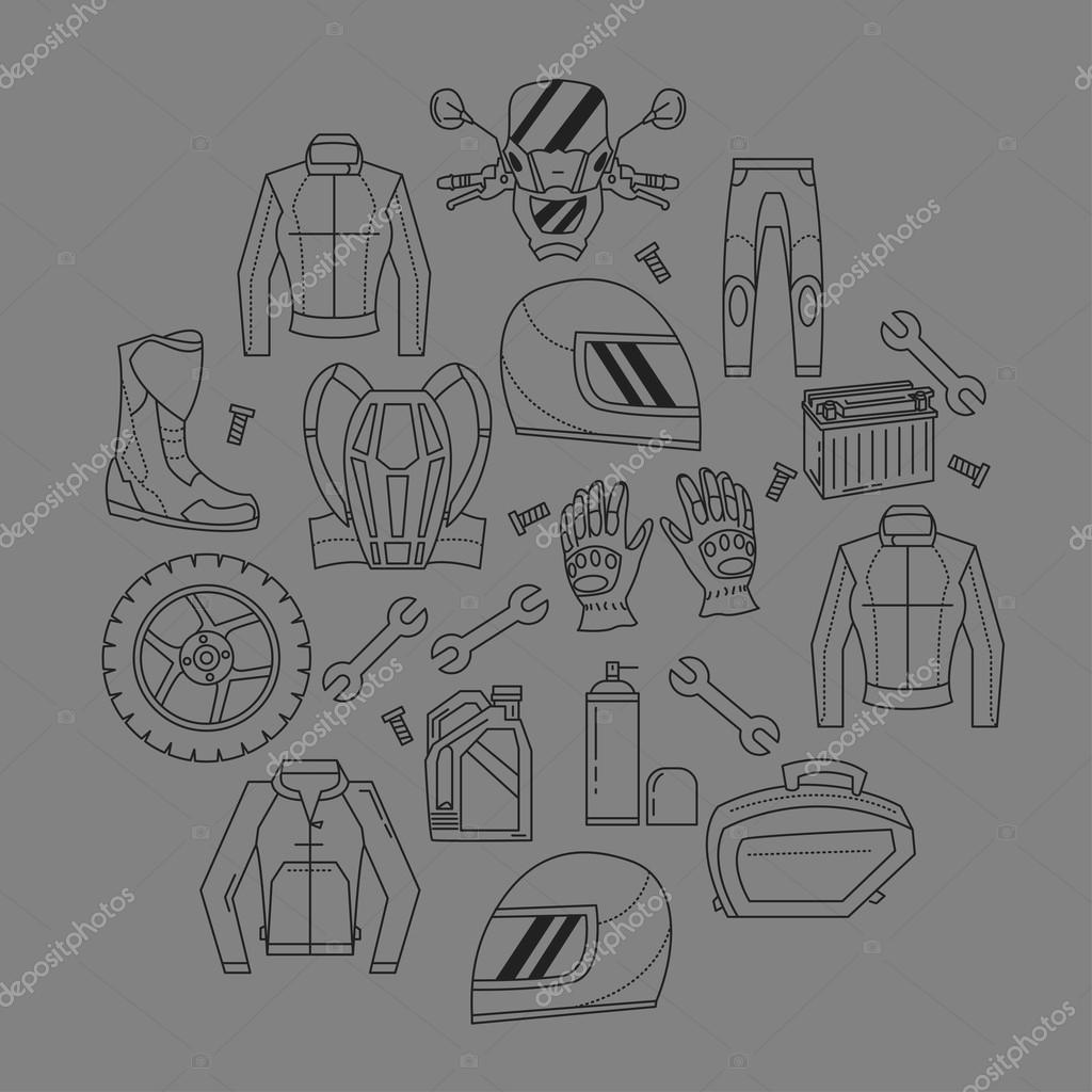 Vector set of linear motorcycle icons Parts and clothes Simple design
