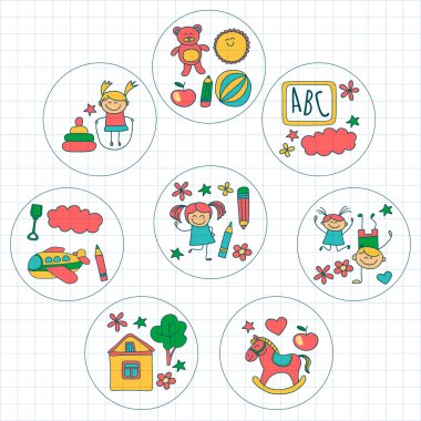 Doodle vektör anaokulu öğeleri