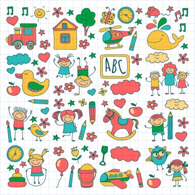 Doodle vektör anaokulu öğeleri