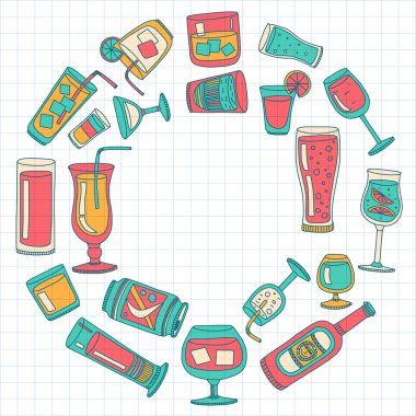 Alkol içecekleri ve kokteyl ikonu seti