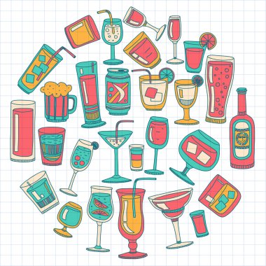 Alkol içecekleri ve kokteyl ikonu seti