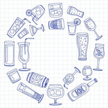 Alkol içecekleri ve kokteyl ikonu seti