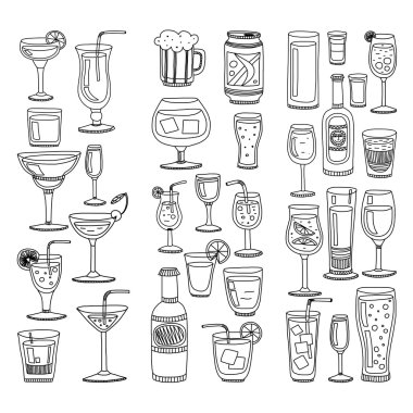 Alkol içecekleri ve kokteyl ikonu seti