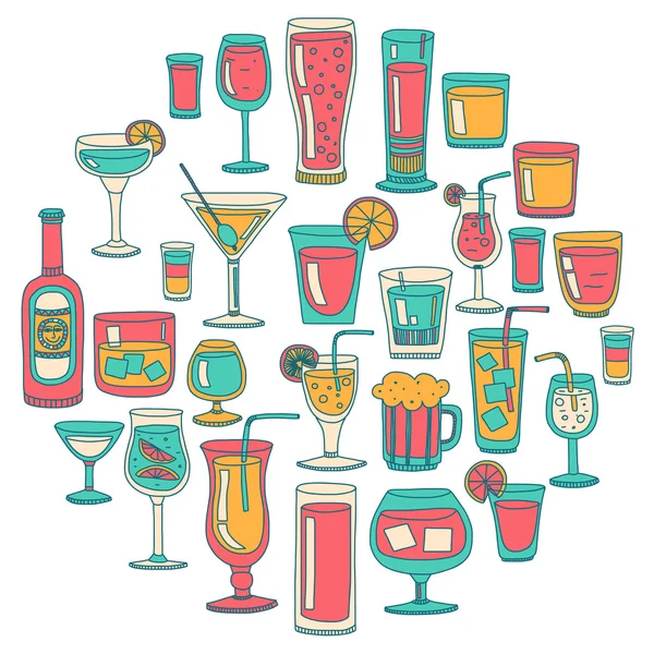 Alkoholtartalmú italok és koktélok ikonkészlete — Stock Vector