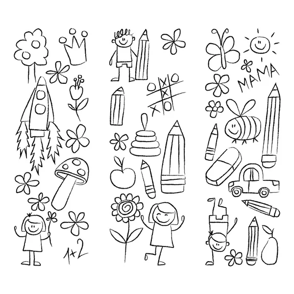 Kindergarten Doodle Bilder weißen Hintergrund — Stockvektor