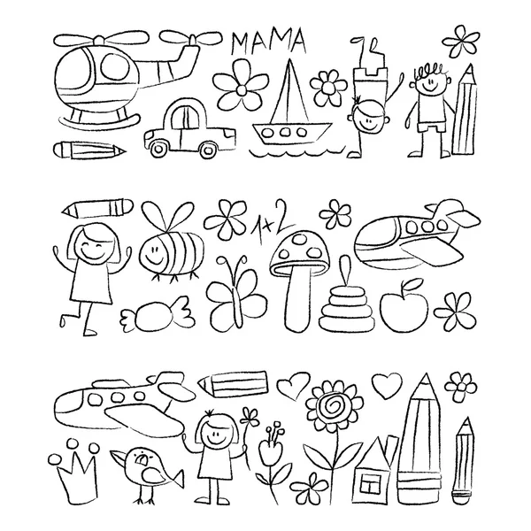 Jardín de infantes doodle imágenes Fondo blanco — Vector de stock