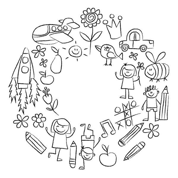 Kindergarten Doodle Bilder weißen Hintergrund — Stockvektor