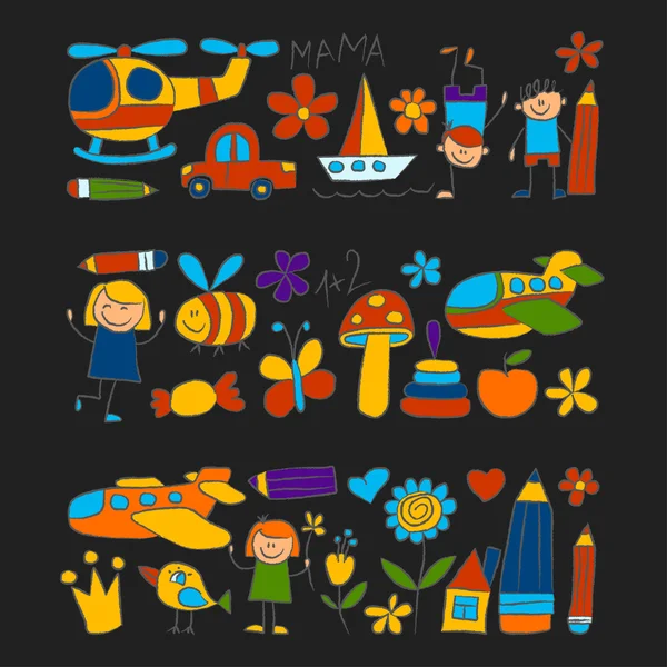 Jardín de infantes doodle imágenes Tiza de color — Vector de stock
