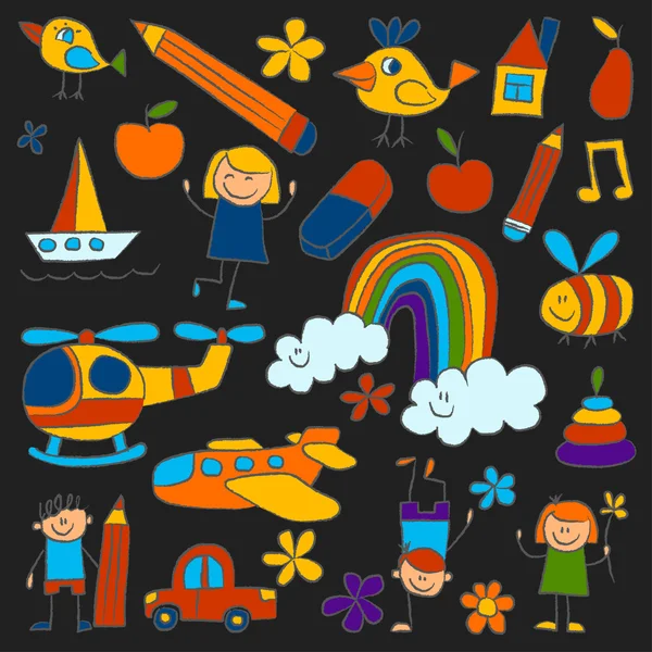 Kindergarten Doodle Bilder Farbe Kreide — Stockvektor