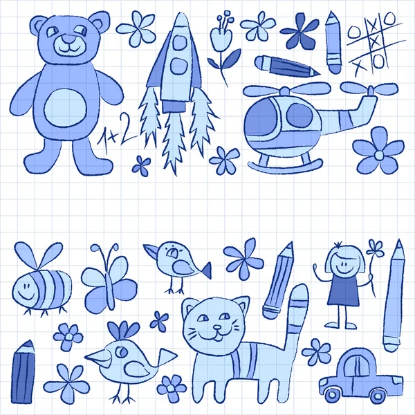 Jardim de infância doodle imagens em papel notepad — Vetor de Stock